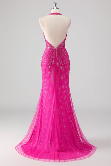 Fúcsia Sereia Halter Open Back Beaded Long Prom Dress com Fenda